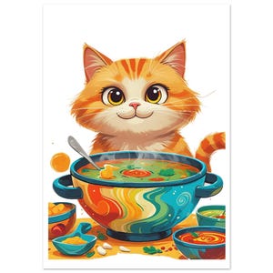 Vintage Cat Eating Soup Wall Art Retro Japanese Poster Print Unique Kitchen Decor Noodle Lover Gift Quirky Cat Illustration