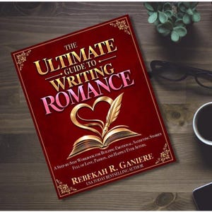 May include: A book titled The Ultimate Guide to Writing Romance by Rebekah R. Ganiere. The cover is deep red with gold text and a central graphic of an open book with a quill pen forming a heart shape. The subtitle reads A Step-by-Step Workbook.