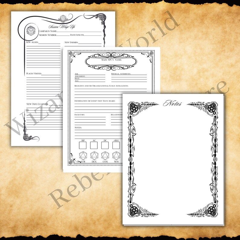 K&ouml;nnte beinhalten: Drei druckbare Bl&auml;tter f&uuml;r das Rollenspiel Dungeons and Dragons. Das erste Blatt ist f&uuml;r die Zusammenfassung der Sitzung, das zweite f&uuml;r Charakternotizen und das dritte f&uuml;r Notizen.