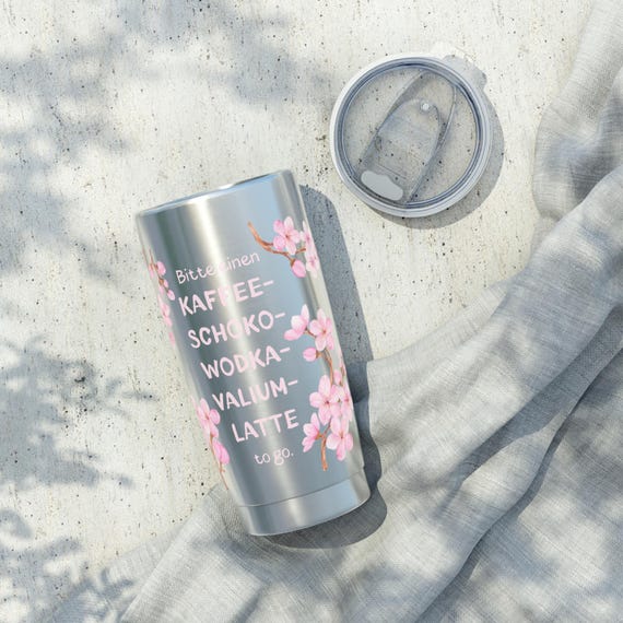 Thermos Mug - Coffee, Chocolate, Vodka, Valium Latte - Fun Mug With Cherry Blossoms - Stainless Steel Tumbler
