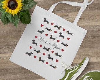 Bolsa de tela con diseño de perro salchicha - Weenie Mom - Bolsa de tela con un lindo patrón de perro salchicha y corazón - Impresión a doble cara para mamás de perros salchicha