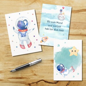 Three-piece postcard set “Astronaut & Goodnight Star” – watercolor design for printing