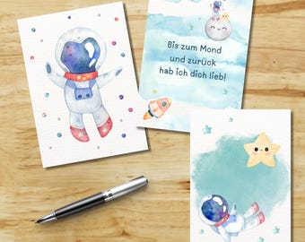 Ensemble de cartes postales en trois parties « Astronaute et bonne nuit étoile » – aquarelle à imprimer