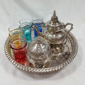 Handmade Moroccan Tea Set with 4 Colorful Glasses – Traditional Silver Tray, Teapot & Sugar Bowl