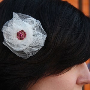 Barrette with Pink Crystals and Cream Netting image 1