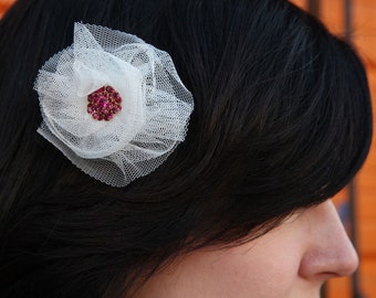 Barrette with Pink Crystals and Cream Netting