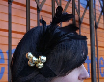 Black Feather Barrette With Gold Spheres - Fascinator Pin Brooch Hair Clip