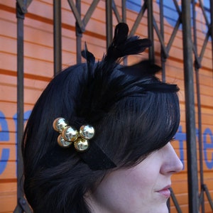 Black Feather Barrette With Gold Spheres - Fascinator Pin Brooch Hair Clip