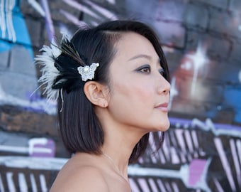 Crocheted Butterfly Feather Barrette with Crystal Accent