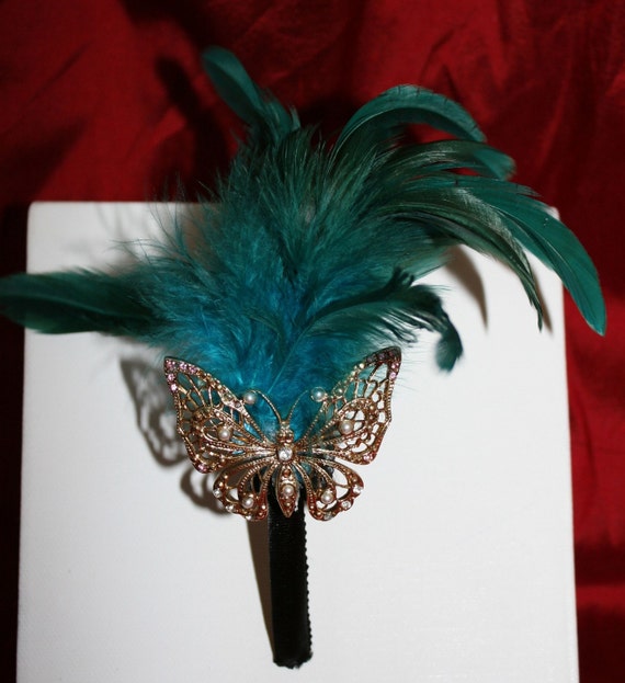 Feather Purse Clutch With Turquoise and Black Feathers and Jeweled Clasp 