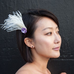 Ivory Ostrich Feather Fascinator with Large Violet Purple Rhinestone