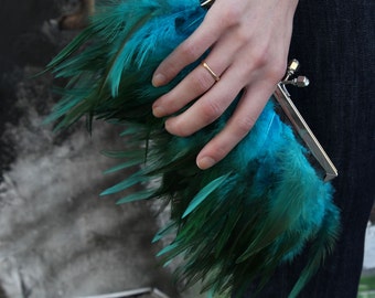 Teal Feather Clutch - Green and Blue with Jeweled Clasp