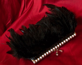 Black Studded Feather Studded Purse Clutch with Jeweled Clasp