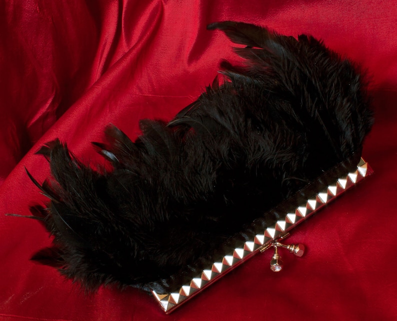 Black Studded Feather Studded Purse Clutch with Jeweled Clasp image 1