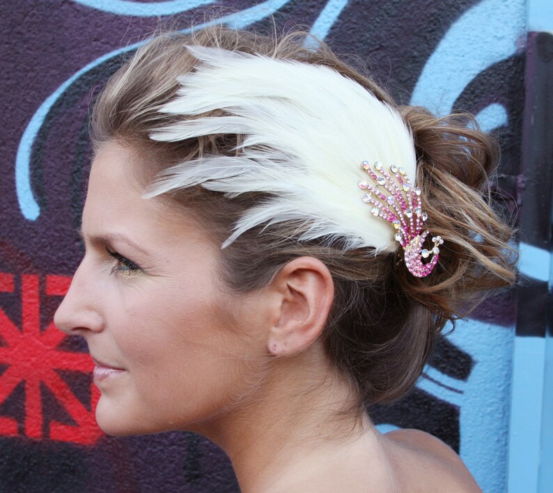 Peacock Feather Clip Cream / Pink With Gothic Crystal Peacock Embellishment image 3