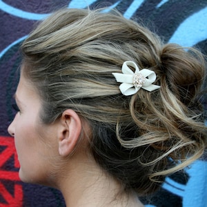 Bridal Hair Cream Barrette With Swarovski Crystals And Velvet Ribbon