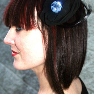 Black Feather Barrette with black chiffon, black goose biot feathers and blue crystal Pin Brooch Hair Clip image 4
