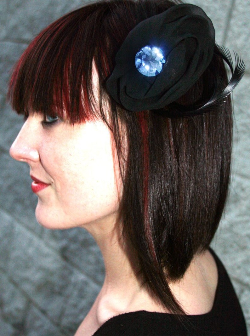 Black Feather Barrette with black chiffon, black goose biot feathers and blue crystal Pin Brooch Hair Clip image 4