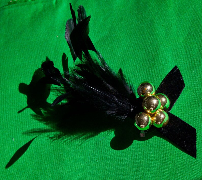 Black Feather Barrette With Gold Spheres Fascinator Pin Brooch Hair Clip image 3