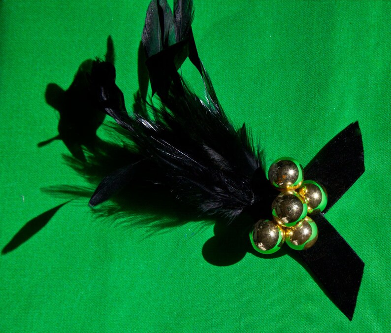 Black Feather Barrette With Gold Spheres Fascinator Pin Brooch Hair Clip image 4