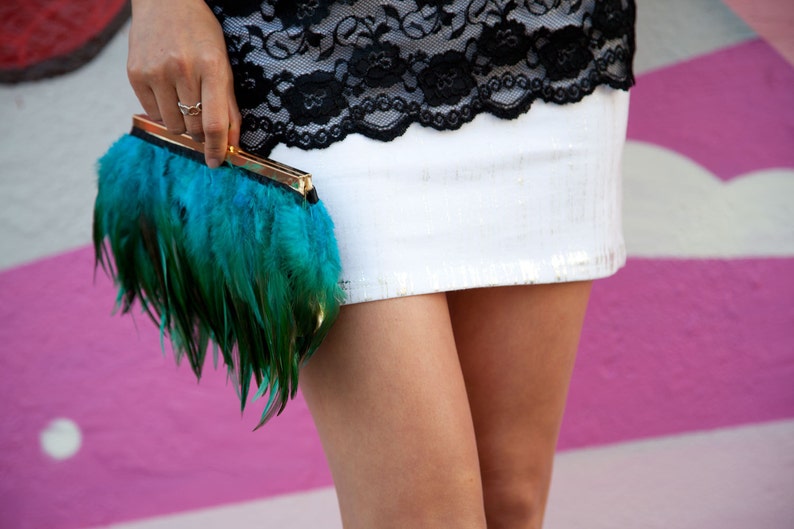 Teal Feather Purse with Gold Fabric for Wedding Prom Evening Etsy