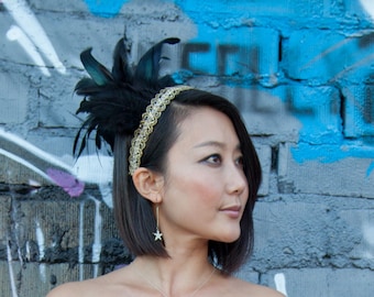 Green Black Feather Headdress with Vintage Gold Trim and iridescent Feathers
