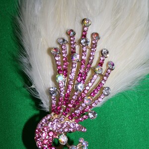 Peacock Feather Clip Cream / Pink With Gothic Crystal Peacock Embellishment image 2