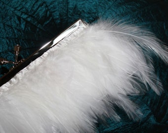 White Feather Purse  for Wedding Prom or Evening with SIlver Jeweled Swarovski Crystal Metal Clasp