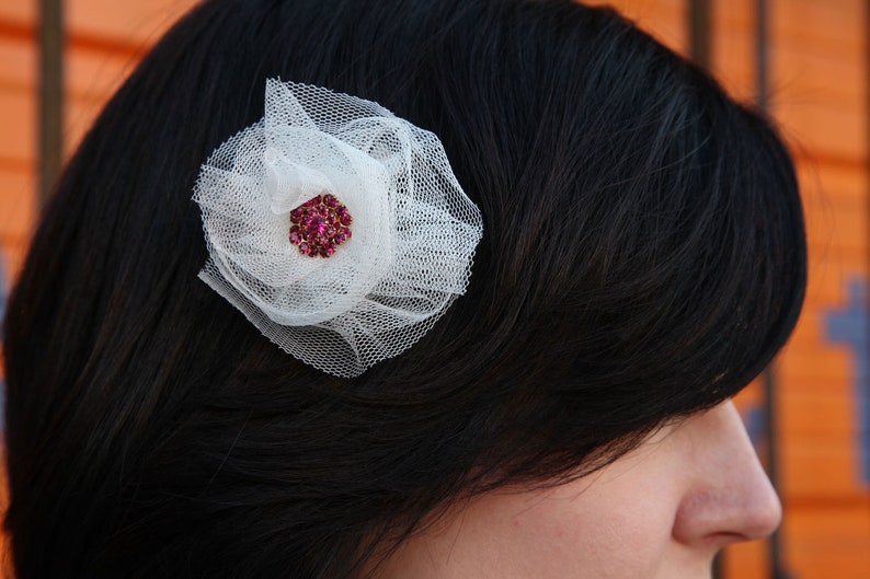 Barrette with Pink Crystals and Cream Netting image 1