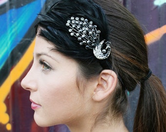 Black Peacock Feather Headband With Gothic Crystal Peacock Embellishment