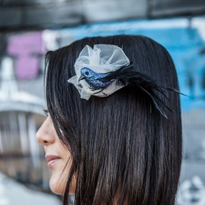 Blue Glitter Bird Fascinator - BlueBird with Black feather Tail