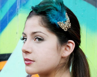 Green Feather Headband Butterfly With Swarovski Crystals Turquoise Blue Green