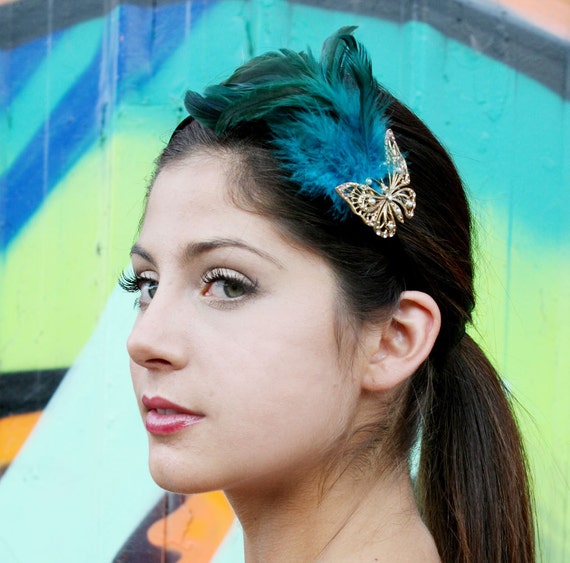 Green Feather Headband Butterfly With Swarovski Crystals  display picture 1