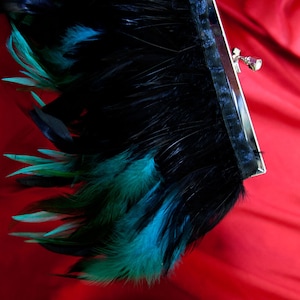 Feather Purse Clutch with Turquoise and Black feathers and Jeweled Clasp