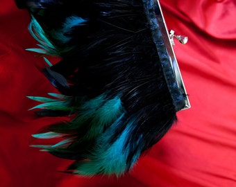 Feather Purse Clutch with Turquoise and Black feathers and Jeweled Clasp