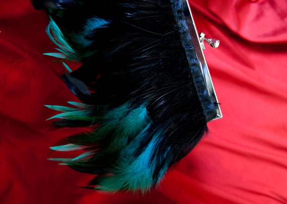 Feather Purse Clutch With Turquoise and Black Feathers and Jeweled