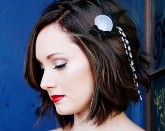 Feather Barrette Wedding Black, White, with Cascading Pearl Accent