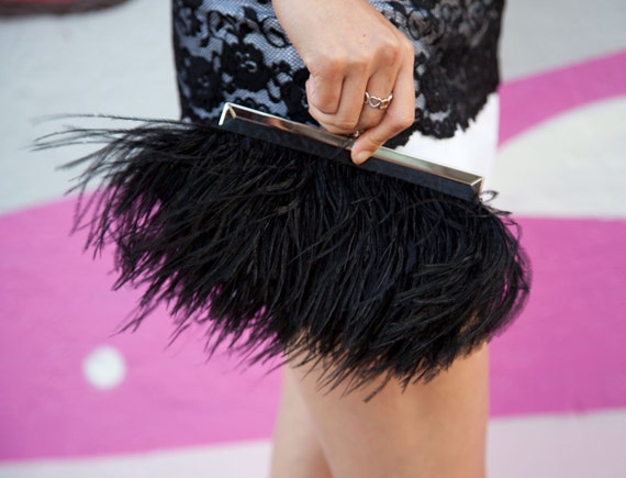 Black Ostrich Feather Clutch Purse with Swarovski Jeweled Clasp for Wedding Prom Evening