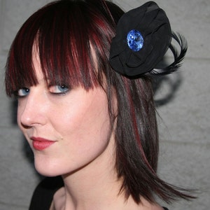 Black Feather Barrette with black chiffon, black goose biot feathers and blue crystal Pin Brooch Hair Clip image 2