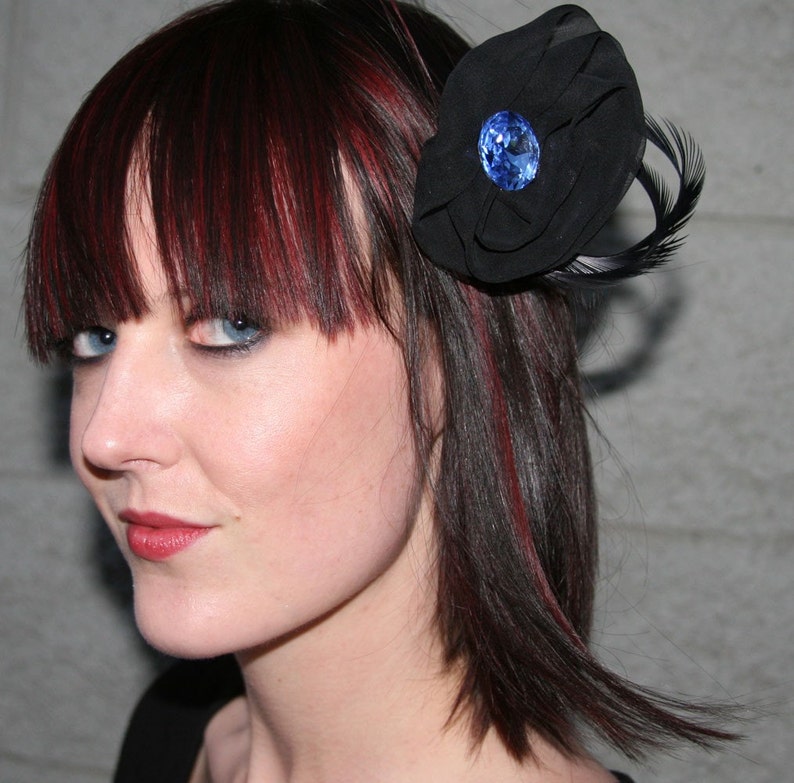 Black Feather Barrette with black chiffon, black goose biot feathers and blue crystal Pin Brooch Hair Clip image 2