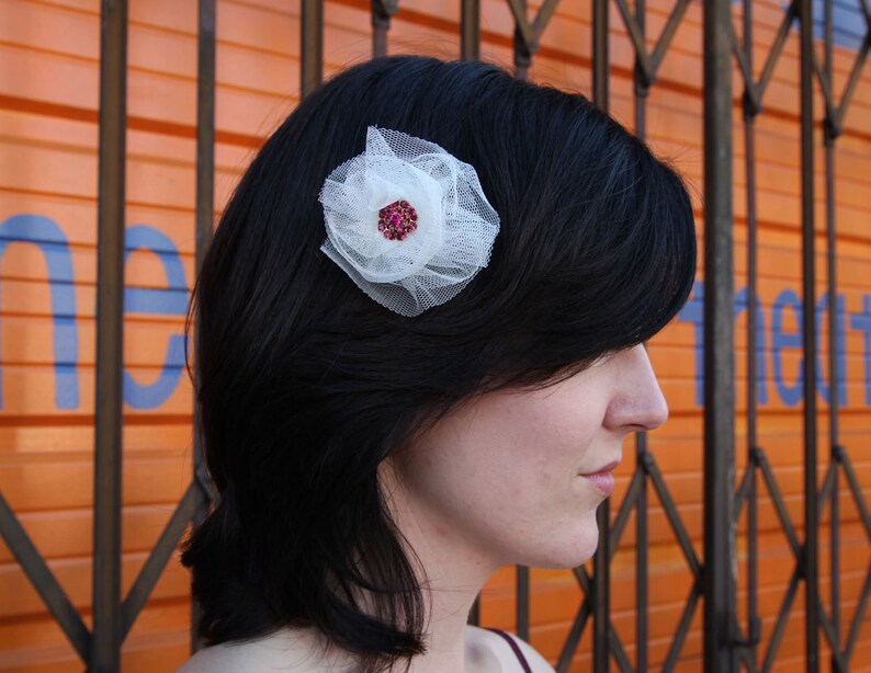 Barrette with Pink Crystals and Cream Netting image 3