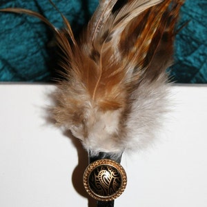 Brown Feather Headband with Gold and Black Vintage Button image 3