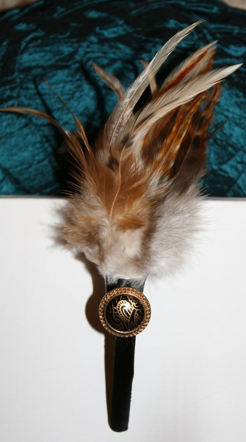 Brown Feather Headband with Gold and Black Vintage Button image 3