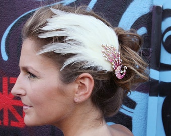 Peacock Feather Clip - Cream / Pink With Gothic Crystal Peacock Embellishment