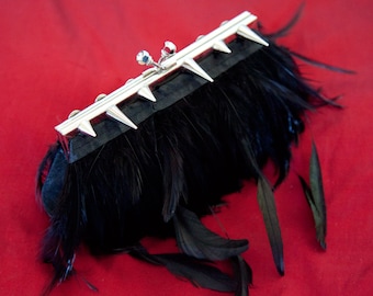 Black Spike Feather Studded Purse Clutch with Jeweled Clasp