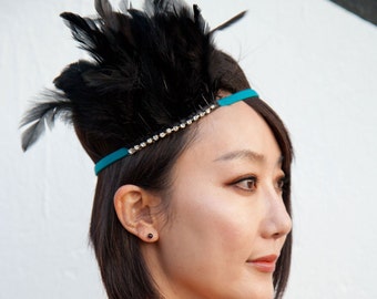 Black Feather Headband With Rhinestones on a Turquoise Elastic Headband