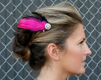 Pink Feather Clip - Hot Pink and Black Feathers with French Veil and Swarovski Crystal Accent