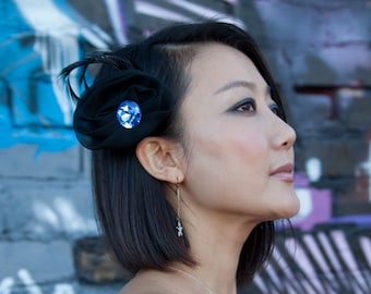 Black Feather Barrette with black chiffon, black goose biot feathers and blue crystal Pin Brooch Hair Clip