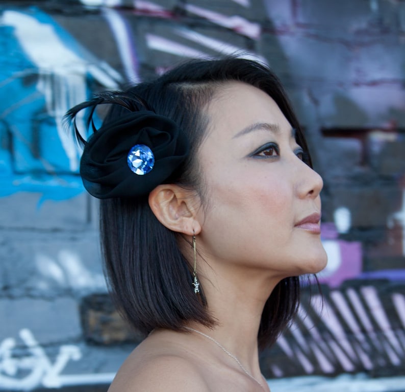 Black Feather Barrette with black chiffon, black goose biot feathers and blue crystal Pin Brooch Hair Clip image 1