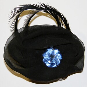 Black Feather Barrette with black chiffon, black goose biot feathers and blue crystal Pin Brooch Hair Clip image 3